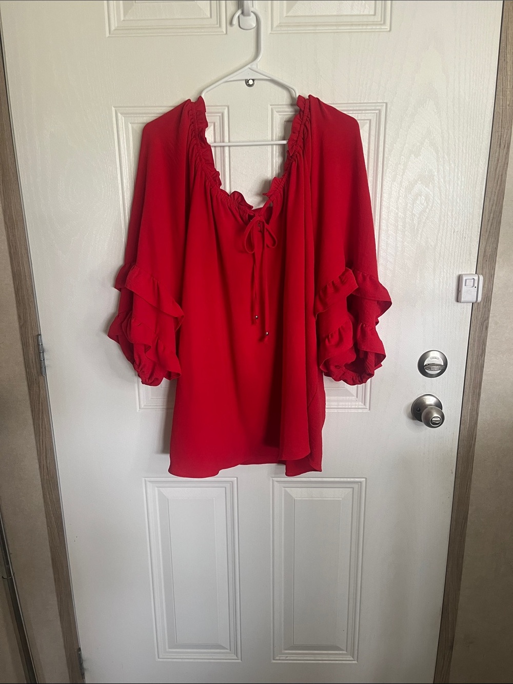 Cato Vibrant Red Ruffle-Sleeve Tie-Neck Blouse
